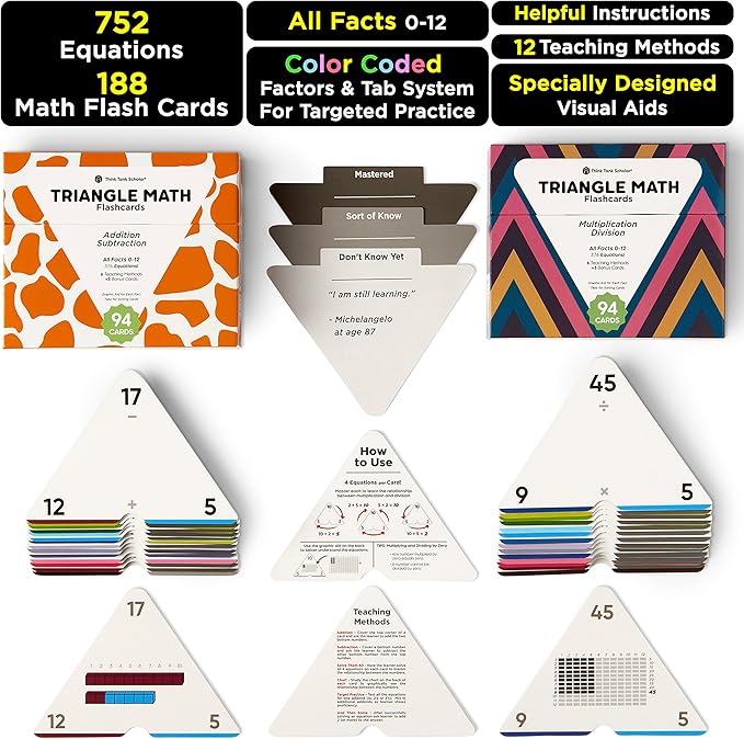 Think Tank Scholar Triangle Math 752 Equations, All Facts 0-12 Box Set Addition, Subtraction, Multiplication, Division Flash Cards: Kindergarten, 1ST, 2ND, 3RD, 4TH, 5TH, 6TH Grade - Has Three Corners