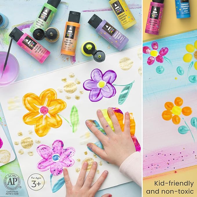 ARTEZA 32 Tempera Paint, 2.03oz/60ml Bottles, Washable Tempera Paint for Kids, Includes Neon, Glitter & Glow-in-The-Dark