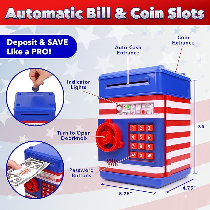 USA Toyz All-American Electronic Piggy Bank for Kids - ATM Kids Money Safe, Coin Bank Savings Box with Auto Bill Feeder Coin Slot, LED Lights, 4-Digit Password, Voice/Beep Modes, Ages 3+