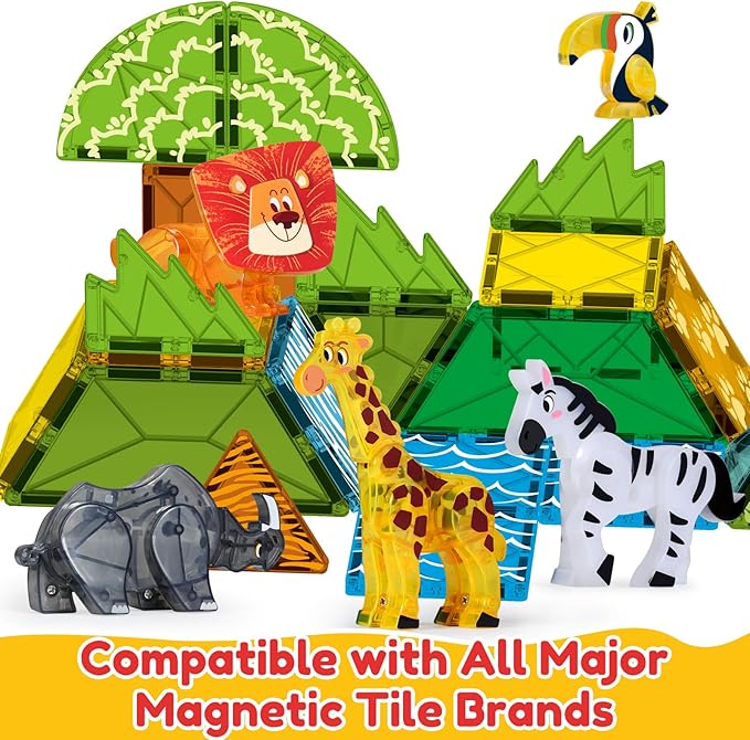 Oriate Magnet Safari Animals for Magnetic Tiles, 5pcs Zoo Animal Toys for Magnetic Blocks, Movable Joint Magnet Safari Animals Figures Compatible with Magnetic Building Tiles for Kids Magnetic Tiles