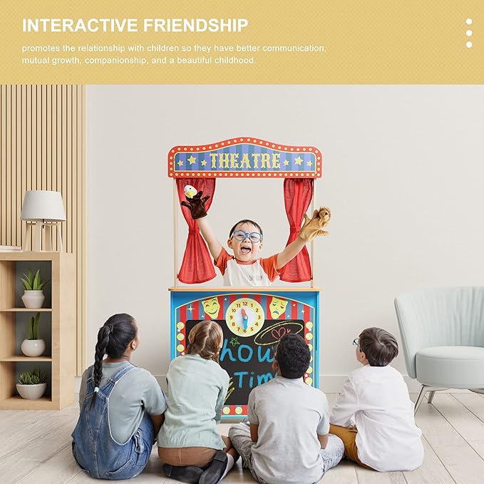Deluxe Wooden Puppet Theater with Curtains, Blackboard and Clock, Double-Sided Play Store 3-8Y & Kid Puppet Show Theater with 2 Hand Puppets and 4 Finger Puppets for Toddlers 3+