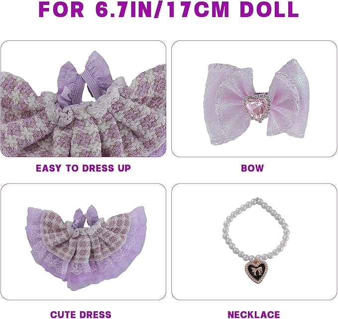 17cm Doll Clothes Set 3-Piece Doll Clothing Set with Purple Dress Necklace and Heart Decor Accessories for 17cm Plush Dolls, Clothes Only, No Doll Included