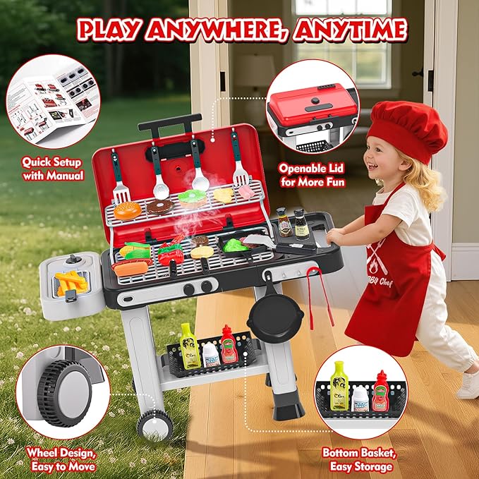86PCS Kids Play Kitchen Toys: 2025 Kids Grill Playset with Smoke, Sound, Light, UV&Water Color-Changing Play Food, Pretend Kids Kitchen Playset, Interactive BBQ Outdoor Toys, Birthday Gift for Toddler