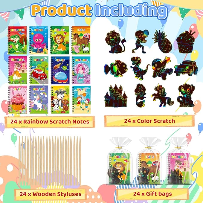 24 Pack Scratch Art Party Favors for Kids - Rainbow Scratch Paper Notebook with Scratch Off Cards Easter Basket Stuffers Birthday Goodie Bags Stuffers with - Return Gifts DIY Classroom Prizes