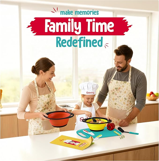 Baketivity Kids Cooking Set Real Utensils With Kitchen Tool Guide - Complete Junior Cooking Set Gift For Girls Or Boys With Mixing Bowls, Cutting Board, Knife, Apron - Kids Baking Set For Real Cooking