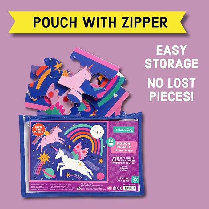 Mudpuppy Unicorn Magic – 12 Piece Puzzle with Reusable Zipper Pouch Featuring Colorful and Fun Illustrations of Magical Unicorns Perfect for Easy Storage and Travel