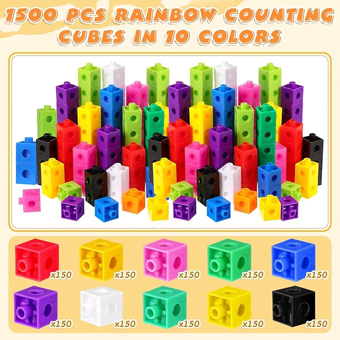 Jenaai 1500 Pieces Linking Cubes for Math Counting Cubes, Colorful Plastic Counting Blocks, Math Manipulatives Classroom Learning Supplies for Preschool Kindergarten Games