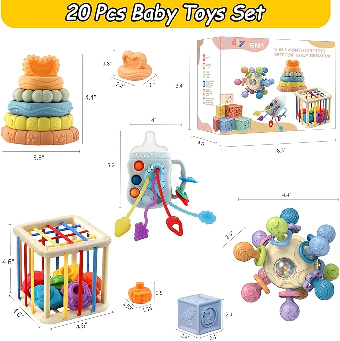 Baby Toys 0-6-12 Months,Montessori Toys for babise 0-6-12-18 Months,Incl Pull String Toy & Shape Sorter & Stacking Building Block & Manhattan ball & Baby Blocks，montessori baby toys for 1 + year