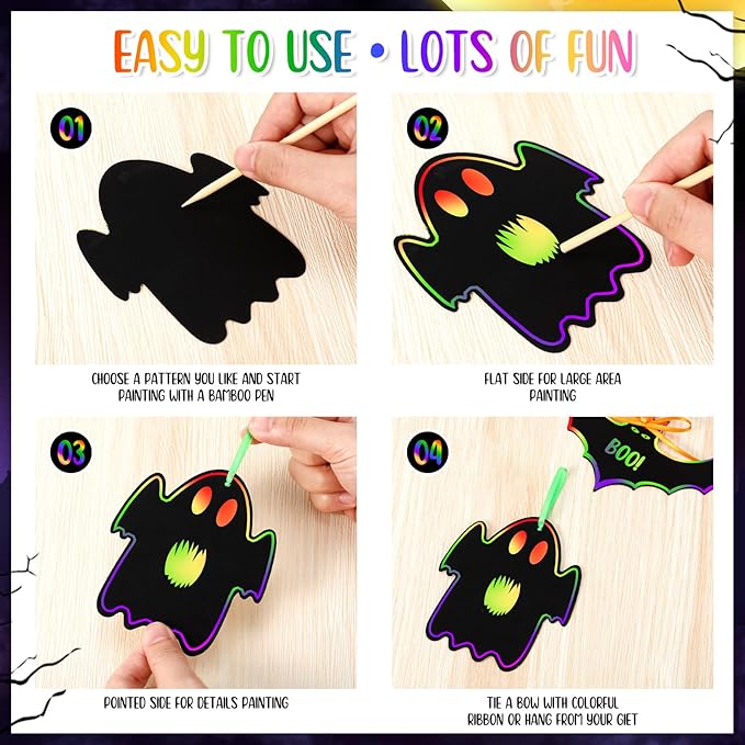 Qilery 120 Pcs Fall Halloween Scratch Paper Off Cards Magic Pumpkins Scratch Off Paper Craft Art Activities Rainbow Black Fun for Thanksgiving Party Ornaments DIY Education Game(Spooky Style)