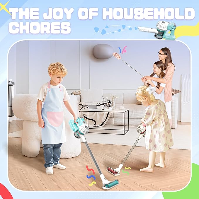 SMILESSKIDDO Kids Vacuum That Really Works - 3-in-1 Toy Vacuum with Real Suction, Apron, Cleaning Cloth, Duster & Colorful Beads, Toddler Cleaning Toy Set, Housekeeping Toy Gifts for Girls & Boys
