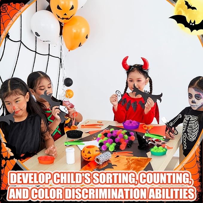 Leitee 71 Pcs Sensory Bin Filler Include 60 Hedge Balls 4 Tweezers 2 Scissors Clips 5 Cups Fine Motor Skills Toys Set for Boys Girls Early Education and Counting Sorting Training(Black,Halloween)