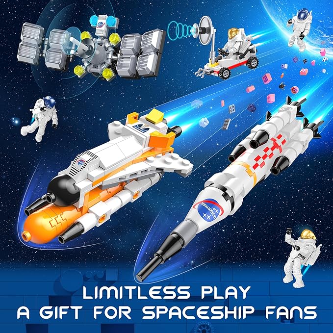 Basket Stuffers Toys for Kids Boys Girls, Interstellar Space Shuttle Toys for 6, 7, 8, 9, 10+ Year Old, Rocket Spaceship Building Toy with 4 Astronauts, Easter Hunt Party Favor Gifts, 415 PCS