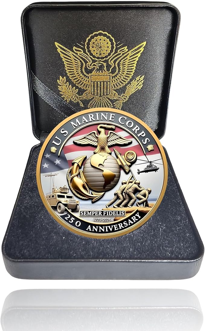 USMC 250th Anniversary Commemorative – Navy 250th Anniversary Coin, Double-Sided Marine Corps Challenge Coin with Metal Gift Box – Collectible Gift for Veterans, Marines, Patriots – 1.57"
