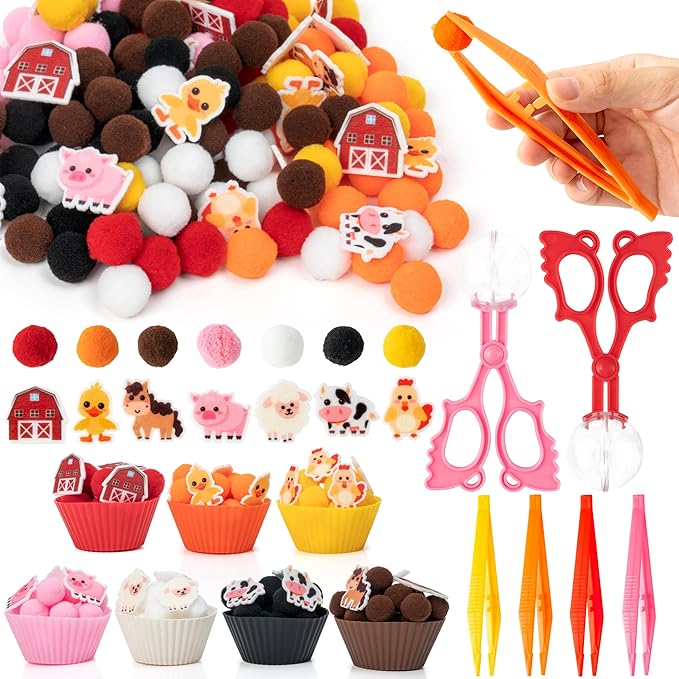 EZdhuawuse Farm Animals Sensory Bin Fillers - 301 Fall Animals Fine Motor Toys Sorting Stacking Toys for Kids, Felt Pig Horse Sheep Pom Poms Cup Clip for Preschool Education Early Development Activity