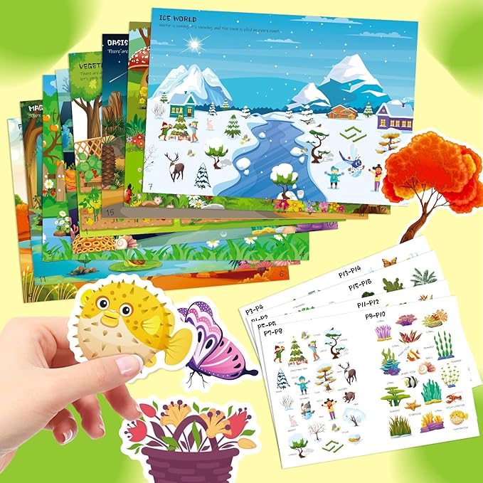 Sticker Book for Kids, 230+ Dinosaur & 250+ Plant Stickers & 16 Scenes, Reusable Activity Sheet, Seek and Find Sticker Coloring Pad, for Boys Girls Toddlers Ages 2-4 4-8 Years Old 3-5 6-7