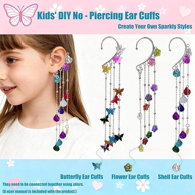 GO2HEJING Charm Bracelet Making Kit for Girls, Jewelry Making Kit for Girls 8-12, Ear Cuff/Necklace Craft Kit, Cute Face Temporary Tattoos for Kids, Mermaid Toys for Teenage Birthday Gift (Ocean)
