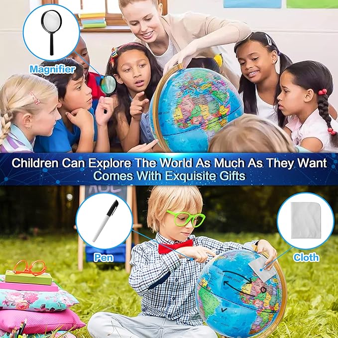 Illuminated World Globe for Kids & Adults All Ages with Wooden Stand 7 in 1- Night View Stars Map Constellation Globe with Detailed Colorful World,Built-in LED Bulb, Educational Gift