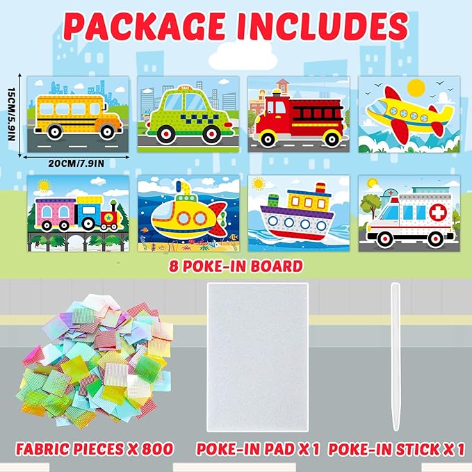 8PCS Poke-in Craft and Art Kit for Kid Transportation Vehicle Theme No-Mess Fabric Sewing Art Girl Boy 4-12 Puzzle Puncture Painting Truck Car Toy Gift Creative Activity Game Birthday Party