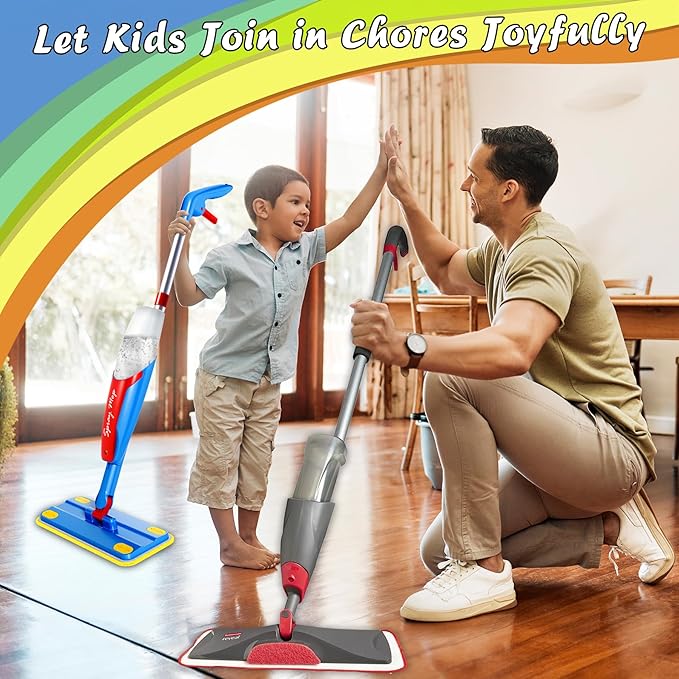 Kids Mop Cleaning Set Actually Cleans, Mini Toddler Size Kids Spray Mop Really Works, Detachable Small Mop Interactive Kid Pretend Play Toys Gift for Boys Girls