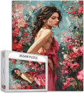 Pink Dress Women Puzzles for Adults 1000 Pieces Beautiful Girl 1000 Piece Jigsaw Puzzle - Pretty Girl Colorful Flowers Romantic Garden Puzzles Art Family Game, Adult Birthday Puzzle