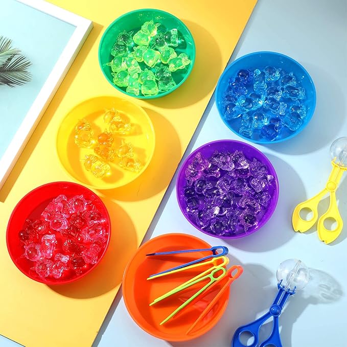 Leitee 62 Pcs Sensory Bin Filler Include 50 Unicorn Acrylic Beads 4 Tweezers 2 Scissors Clips 6 Cups Fine Motor Toys Set for Boys Girls Early Education and Counting Sorting Training