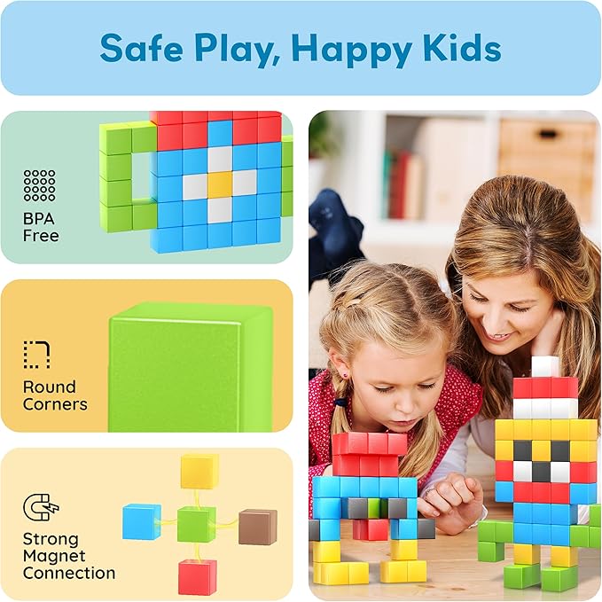 PicassoTiles 102pcs Pixel Magnetic Puzzle Cube 1” Pixel Mix & Match Toys with Ideabook STEM Education Learning Building Block Magnets Construction ToySet Stacking Creative Kit for Kids Age 3+ PMC102