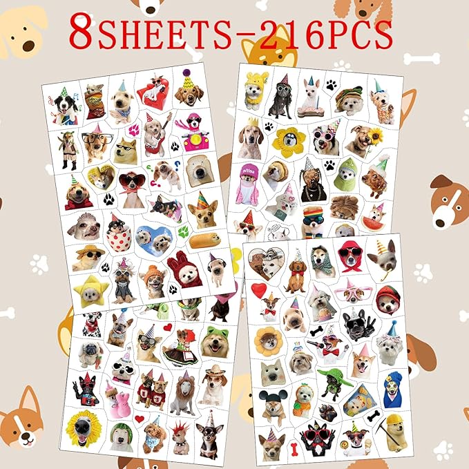 216PCS Dog Meme Temporary Tattoos, Pre-Cut Funny Dogs Party Tattoo Stickers Birthday Decorations Supplies Party Favors, School Rewards Gifts Idea for Boys Girls