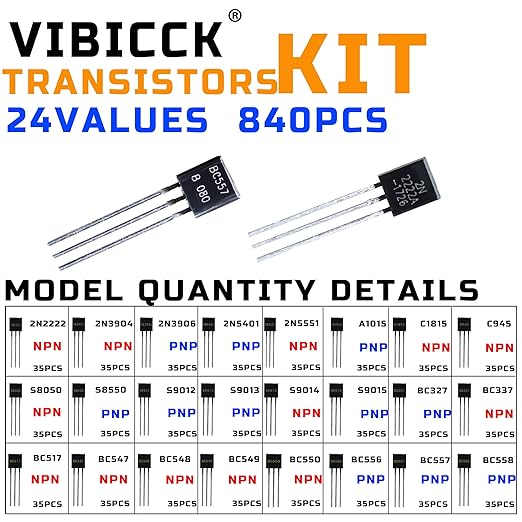 24 Value 840-piece Assorted Type General Purpose TO92 Transistors PNP NPN Bipolar Power Transistor Assortment Kit with Individual Compartment