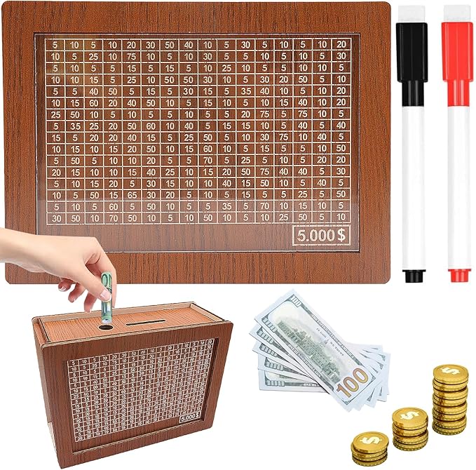 Money Saving Box, Wooden Money Box with Money Target and Numbers, Savings Challenges Money Box, Cash Savings Box, Bank for Adults Kids (5000 Dollar Brown)