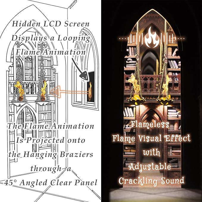 DolphinIsle Book Nook Kits for Adults, DIY Booknook Bookshelf Decor Magic Spell Library with Flame Illusion