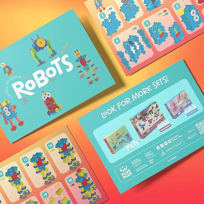 PLUS PLUS Learn to Build Set, Interlocking Mini Building Blocks, 3D Puzzle Construction Stem Toy for Kids - Robots, 250 Pieces