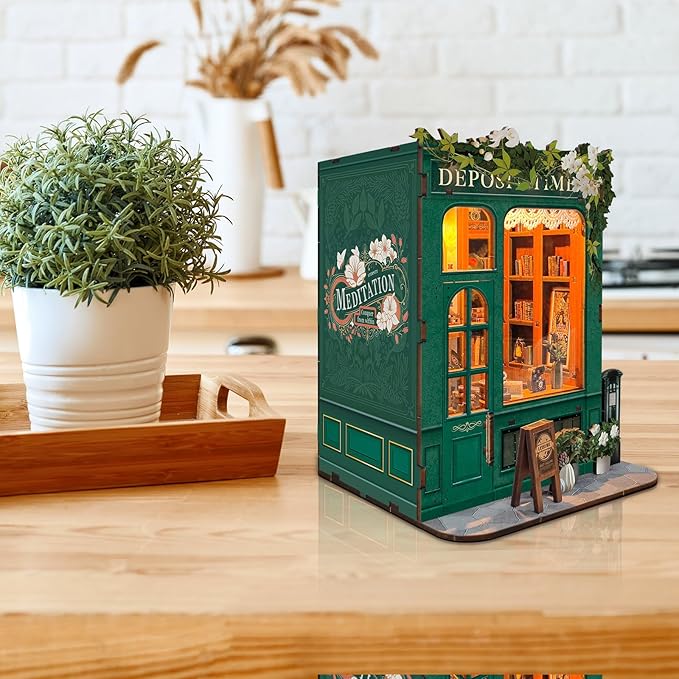 DIY Book Nook Kit, Miniature Bookshelf Decor with LED Lights, Laser-Cut Wooden Craft Set for Adults, Creative Gift for Christmas, Birthday, Leisure Time