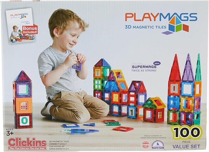 Playmags Magnetic Tiles for Kids – 100pcs Magnet Building Set for Toddlers Ages 1-5 | Stem Montessori Toy for 2 3 4 Year Old Boys & Girls | Toys for Toddlers, Preschool & Middle School Children
