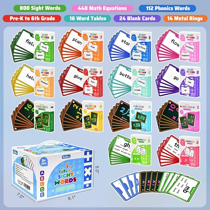1136 Sight Words/Phonics/Math Flash Cards: 800 Dolch & Fry High Frequency Sight Words, 112 Phonic Flash Cards, 224 Double-Sided Math Flashcards for Kids Pre-K to 6th Grade-784 Cards Total