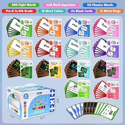 1136 Sight Words/Phonics/Math Flash Cards: 800 Dolch & Fry High Frequency Sight Words, 112 Phonic Flash Cards, 224 Double-Sided Math Flashcards for Kids Pre-K to 6th Grade-784 Cards Total