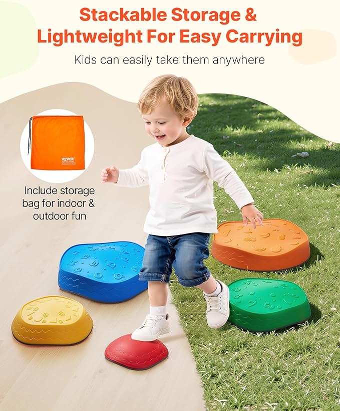 VEVOR Balance Stepping Stones for Kids, 5 PCS, Up to 220 lbs, Non-Slip Toddlers Sensory Stepping Stones, Obstacle Course Coordination Game Toys Indoor or Outdoor Play for Children Aged 3 4 5 6 7 8+