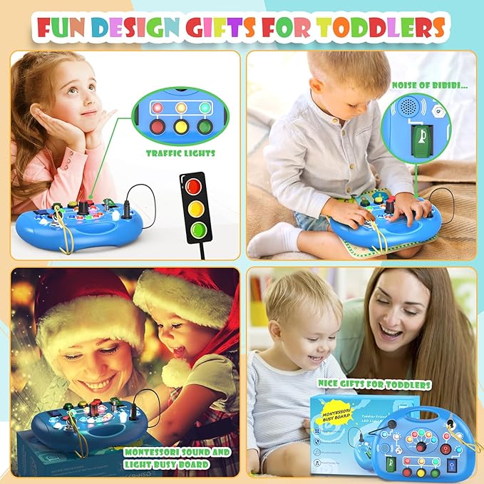 Busy Board with LED Light, Montessori Busy Board for 1+ Year Old, Sensory Toys for Toddlers 1-3, Fidget Board Travel Toys for Kids Preschool Learning Activities Boys Birthday (Blue)