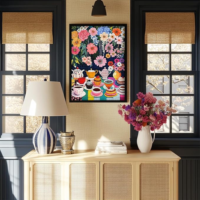 Flower 1000 Piece Puzzle for Adults, PICKFORU Colorful Tea Cups Wildflower Garden Jigsaw Puzzles, Hard Difficult Cupcake Afternoon Tea Theme as Art Decor