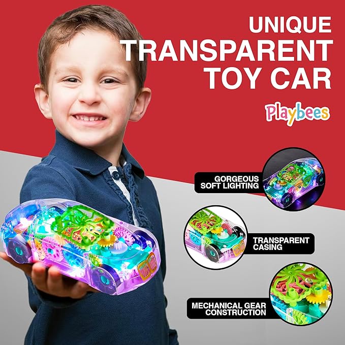 Playbees Light-Up Transparent Car Toy, Toys for Autistic Kids Ages 3-5 Sensory Toy for Kids with Autism Special Needs Toys, Bump and Go Toys for Toddlers Music and LED Effects Great Gift Idea