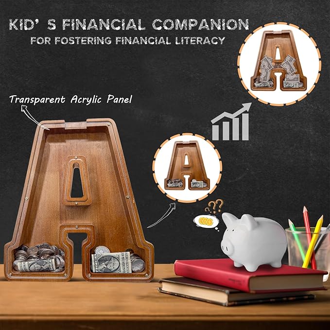Wooden Letter Piggy Bank for Kids Larger Letter Piggy Bank for Boys and Girls Personalized Piggy Bank Initial Coin Bank Wood Kids Money Bank for Birthday and Festival