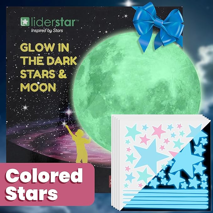 Glow in The Dark Stars and Moon for Ceiling, Luminous Wall Decal, Wall Decor, Sticky Fluorescence Stars, Gift for Boy and Girl, Perfect for Kids Nursery, Bedroom, Living Room (Colorful)