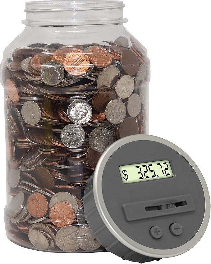Teacher's Choice Digital Coin Bank, Savings Jar, and Piggy Bank | Automatic Coin Counter Totals All U.S. Coins Including Dollars and Half Dollars - Original Style, Clear Jar w/Grey Lid