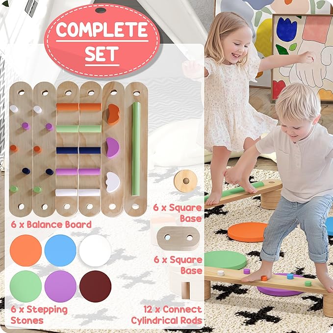Qaba Kids Balance Beam, Wooden Balance Board with Stepping Stones, Gymnastics Obstacle Course for Toddlers 3-8 Years for Motor Skills Coordination, Indoor Outdoor Use