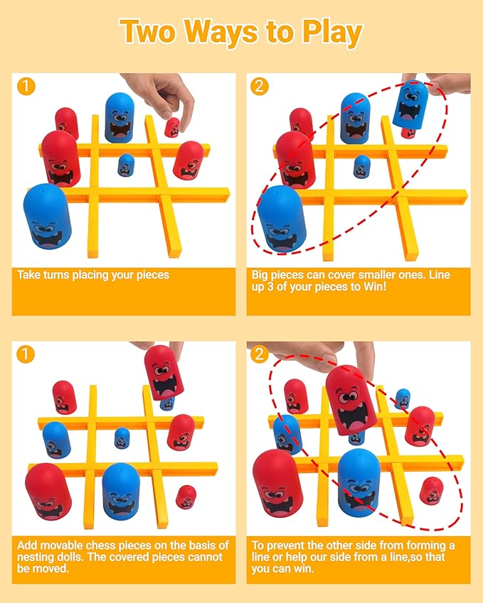 Tic Tac Toe Game, Strategy Board Game for Kids & Adults, 3 Sizes of Nesting Pieces, Gobble & Move Modes, Portable 2-Player Family Game Set
