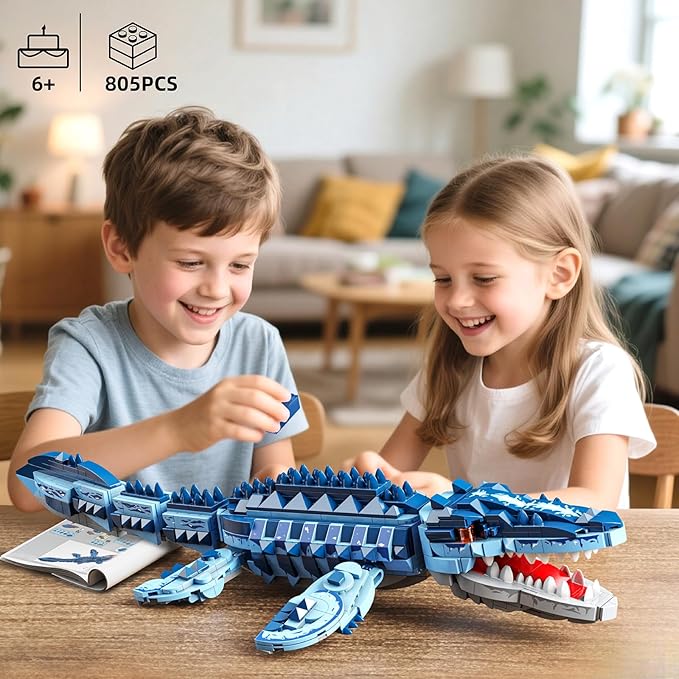 Mosasaurus Dinosaur Building Blocks Set, 805 PCS Dinosaur World Building Toy, Jurassic Ocean Animal Model Collection Toys for Home Decor, Birthday Gift for Adults Boys Age 8-12