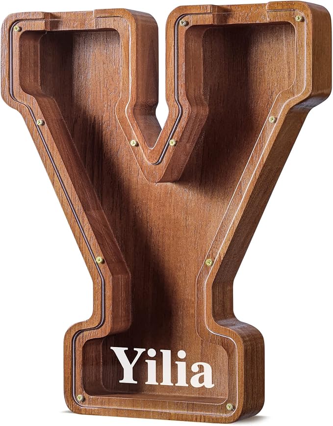 Summidate Customized Name Large Wooden Piggy Bank for Kids Boys Girls Alphabets Letter A-Z Coins Bills Money Change Bank Box Initial on Clear Cover (Laser Engraved) (Alphabet-Y, Personalized-12)