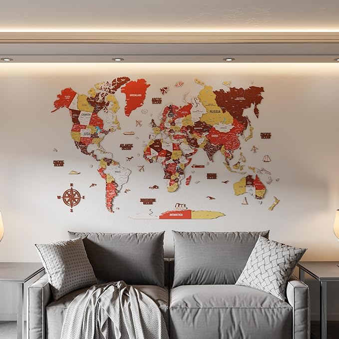 Colorfull Worlds 3D Wooden World Map Wall Art - Premium Multicolored World Travel Map for Wall Decor with Push Pins- Ideal Housewarming Gift & Travel Tracker (XXLarge, Terracota)