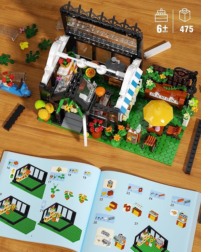 Flower House Building Set, Coffee Shop Outdoor Parasol and Piano Building Kits with Lights, Greenhouse Model Halloween for Girls, Home Decor Office Coffee Bar Display