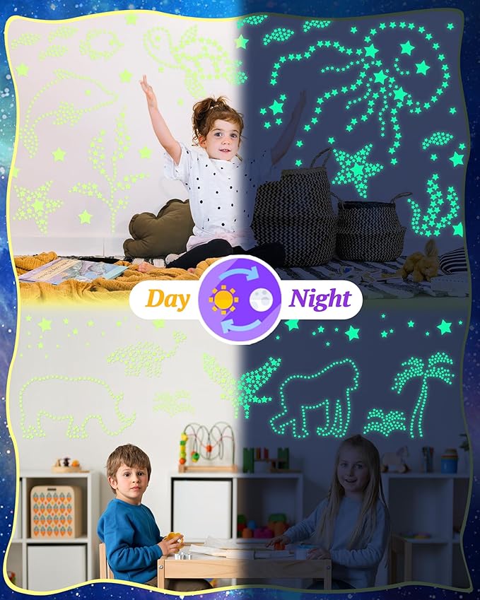 201 Pcs Glow in The Dark Stars Stickers for Ceiling, Toddler Stocking Stuffers Wall Room Decor Gifts, Luminous 3D Glowing Stars Easter Basket Stuffers for Kids Boys Girls - Green