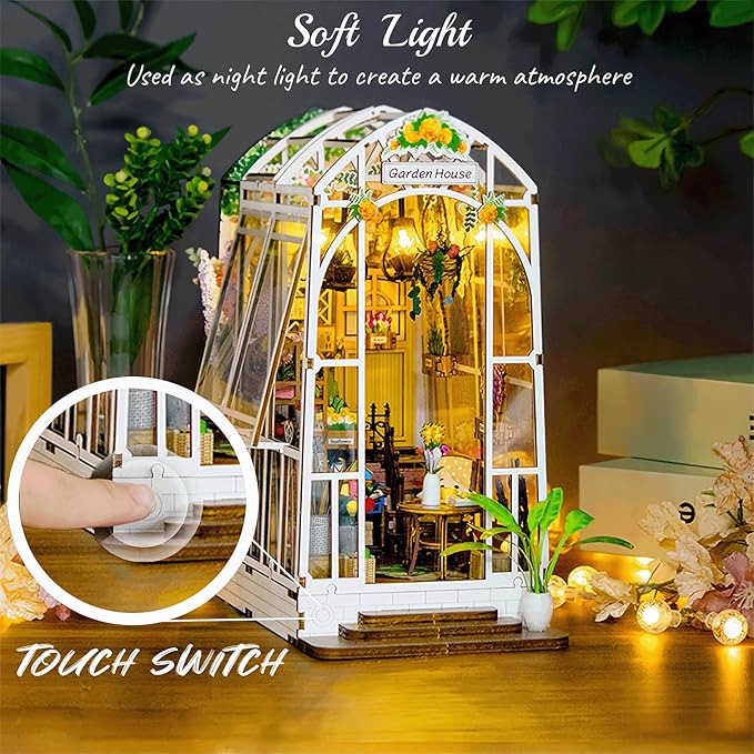 DIY Book Nook Kit with Music Box, 3D Wooden Puzzle Dollhouse with LED, Greenhouse Bookend for Adults and Teens, Bookshelf Decoration, Creative Gift for Friends and Family. Garden House